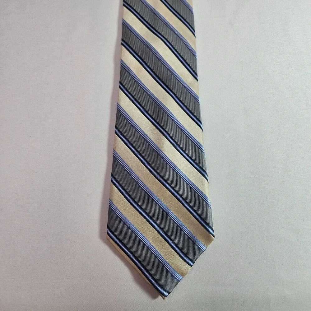 Perry Ellis Portfolio 100% Silk Hand Made Tie Gray Gold Stripes‎ 4